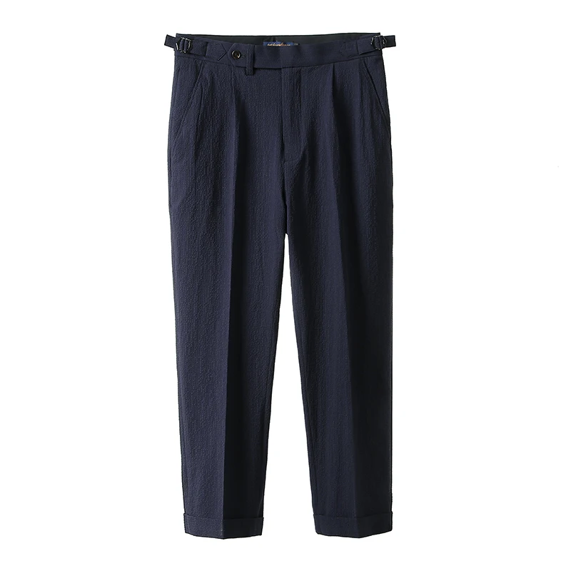 Summer Men's Seersucker Paris Button Casual Pants Blue Black Stripe Slim Fit 9-point Trousers Versatile Italian Naples style