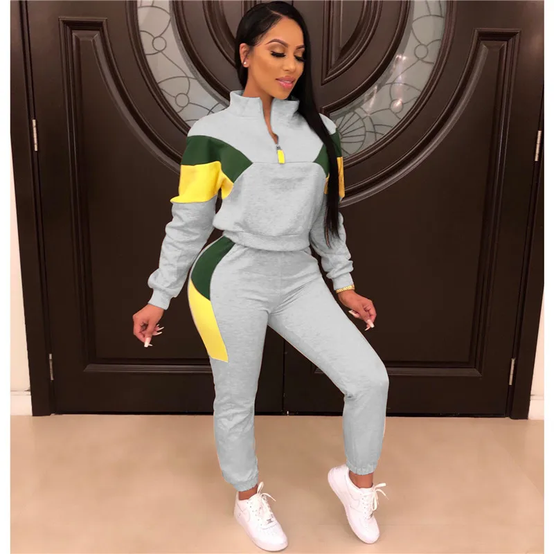 

Women Sport 2 Two Piece Tracksuit Color Patchwork Full Sleeve Turn-down Collar Sweatshirt Pants Casual Sweatsuit Outfits