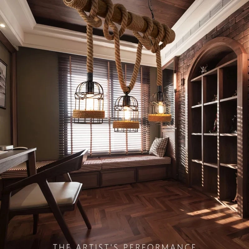 Деревенский винтажный подвесной светильник Лофт пеньковая веревка бамбуковая