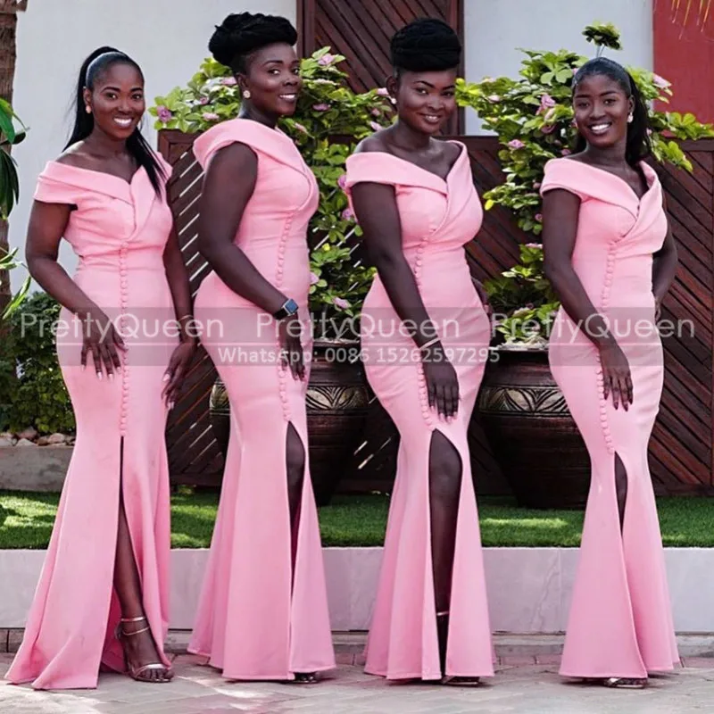 

Pink Bridesmaid Dresses With Buttons Side Split Mermaid Long Off Shoulder Wedding Guest Dress Party
