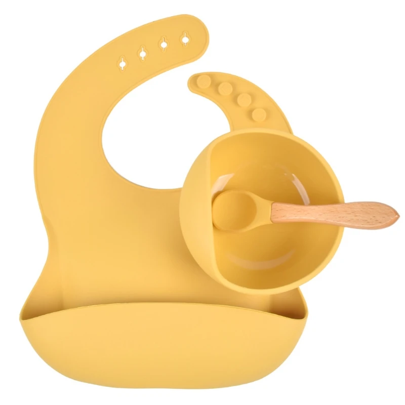 

K3NE 3pcs Baby Feeding Set Food Grade Silicone Non-Silp Suction Tableware Kids BPA-Free Waterproof Bib Bowl Spoon Dishes