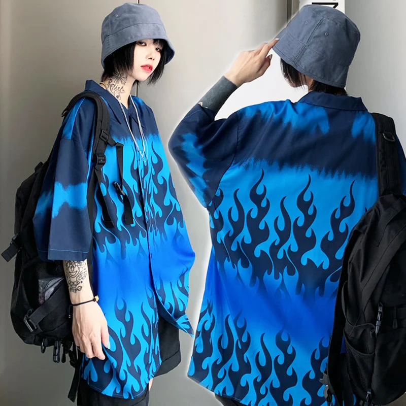 

#9119 Summer Print Blousers Women Short Sleeve Single Bresated Shirts Ladies Streetwear Tops Harajuku Printed Shirt Female Tops