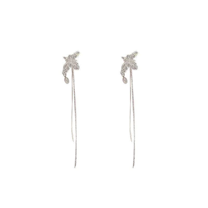 

LOVOACC Personality Lava Tin Foil Tassel Earrings for Women 2021 Imitation Pearl Long Chains Clip Earrings Statement Jewelry