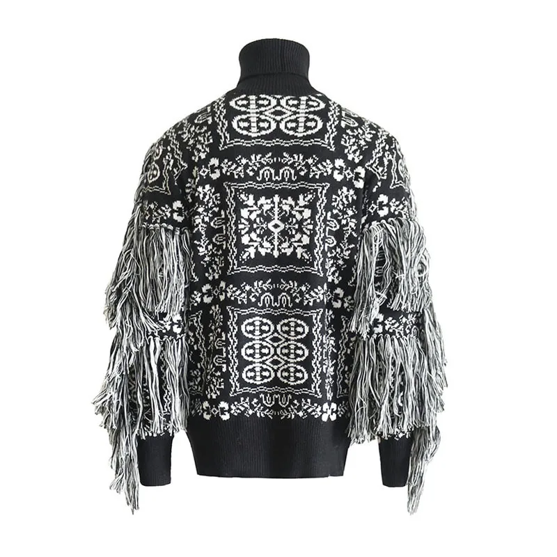 

Autumn and winter new boutique women's clothing high-neck printed sleeves fringed decorative pullover women