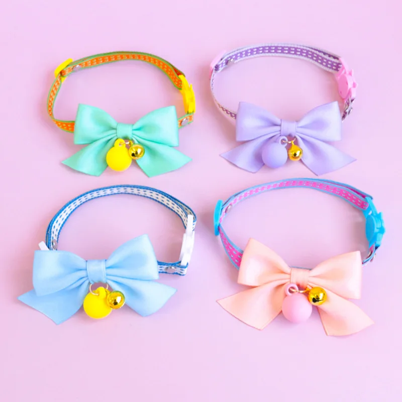 

Cute Bow Tie Candy Bell Cat Collar Double Fabric Safety Buckle Color Polka Dot Pet Necklace For Small Kitten Puppy Collars