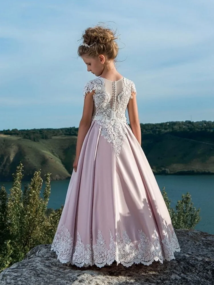 Розовые Атласные Платья с цветочным узором для девочек вечерние кружевные