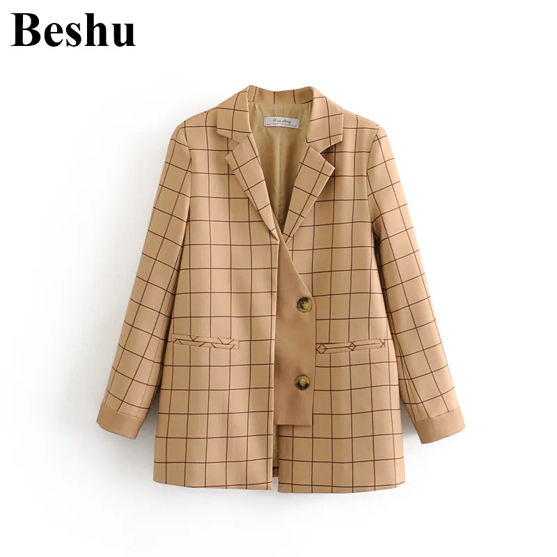 Женский Однобортный блейзер с большими лацканами za клетчатый цвета хаки