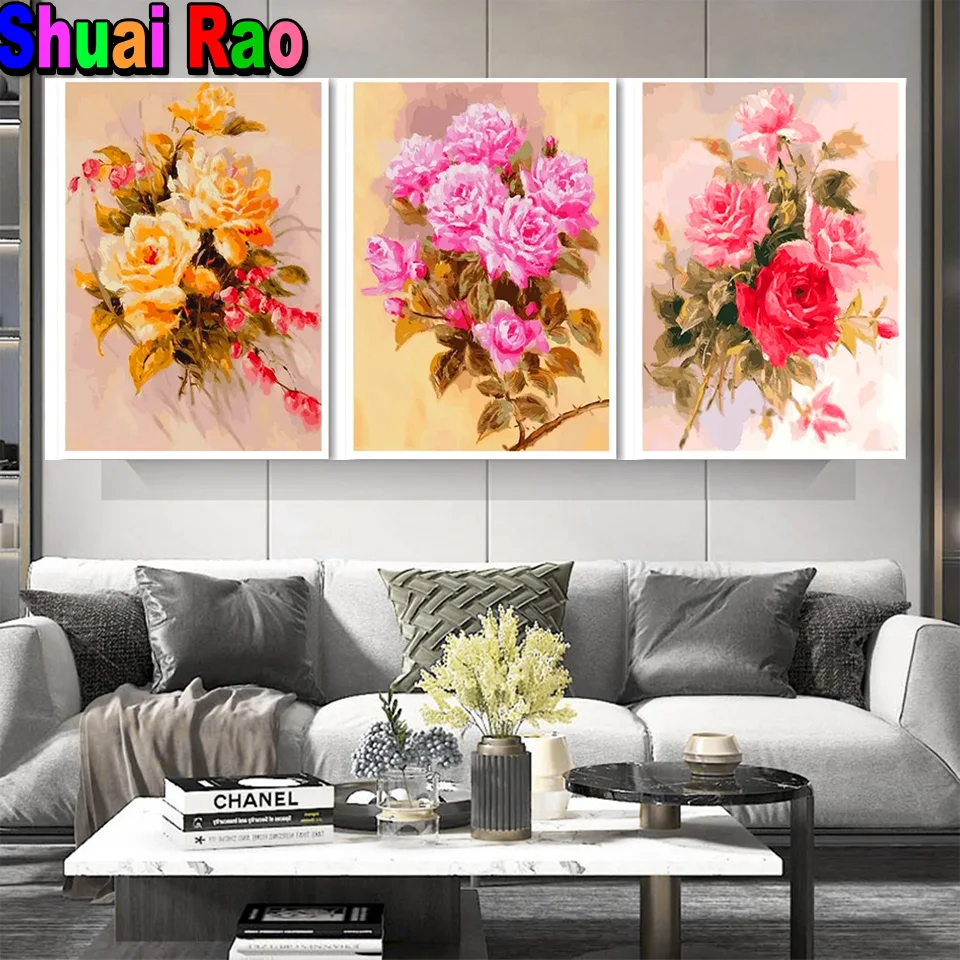 Алмазная 5D картина сделай сам триптих с пионами цветами в стиле ретро вышивка