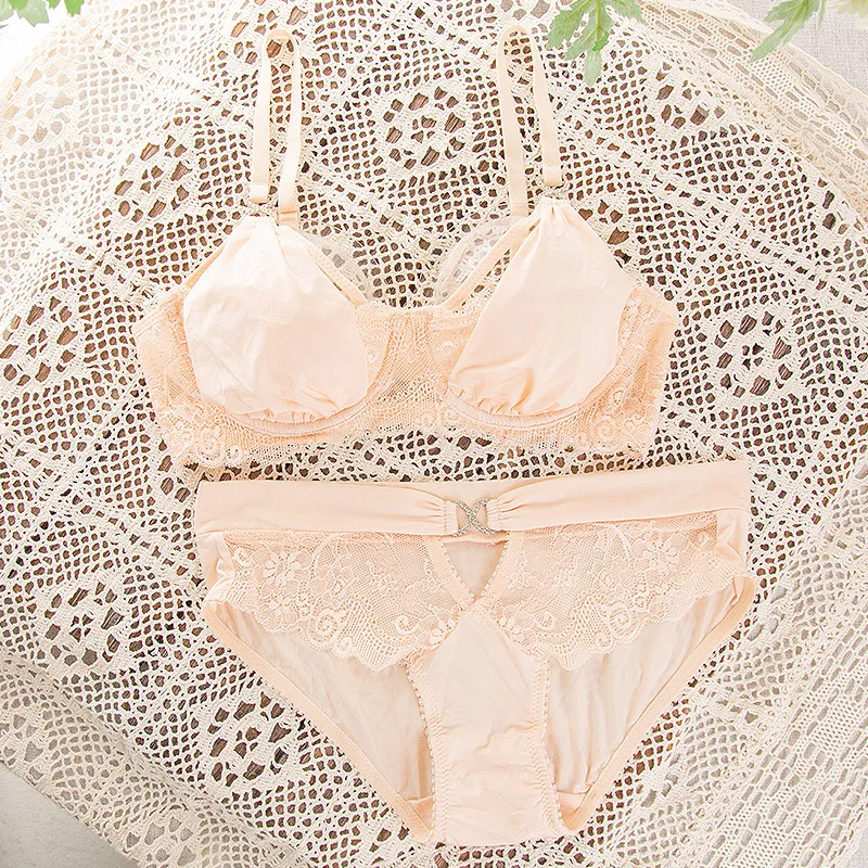 

Lace solid color bandage gathered steel ring no sponge ultra-thin large size underwear sexy bra panty set ladies
