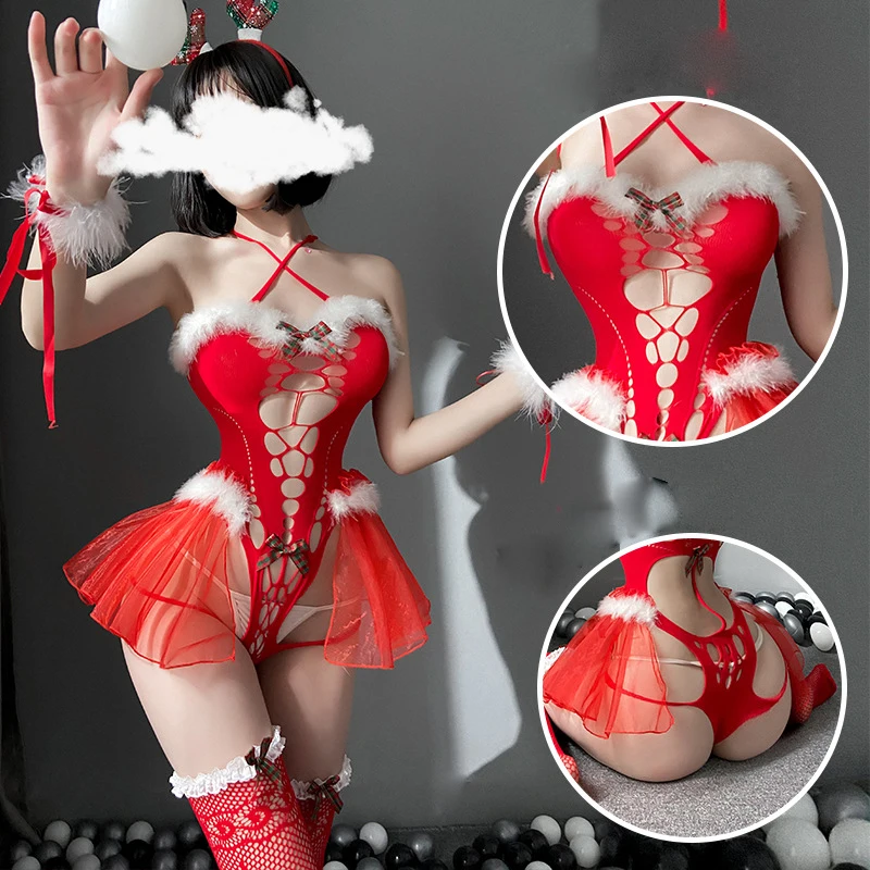 

Sexy Bunny Christmas Cosplay Costumes Sexy Lingerie Role Play Uniform Santa Girl One-piece Fishnet Bodysuit Princess Outfits
