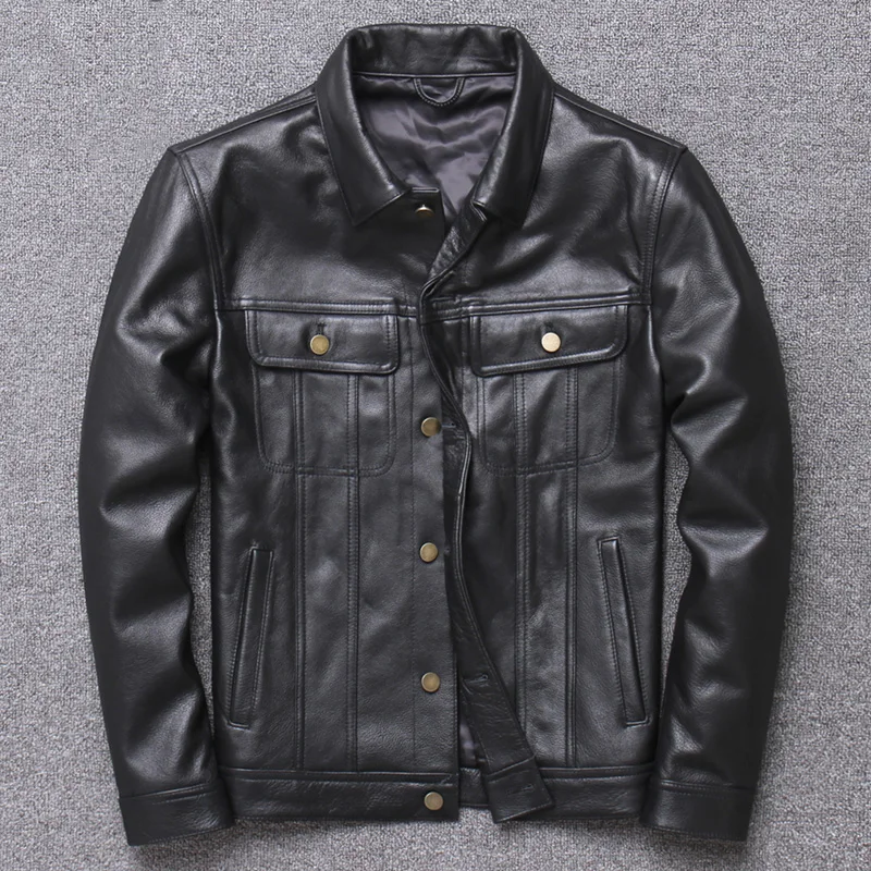 

Мужская короткая мотоциклетная куртка, черная повседневная куртка из воловьей кожи в американском ретро-стиле с отложным воротником, 2020