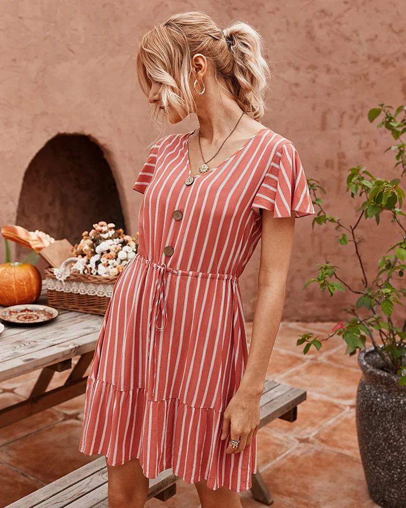 

Women's Summer New Sexy Fashion Butterfly Sleeve Stripes Dress High Waist Lace Dresses For Women