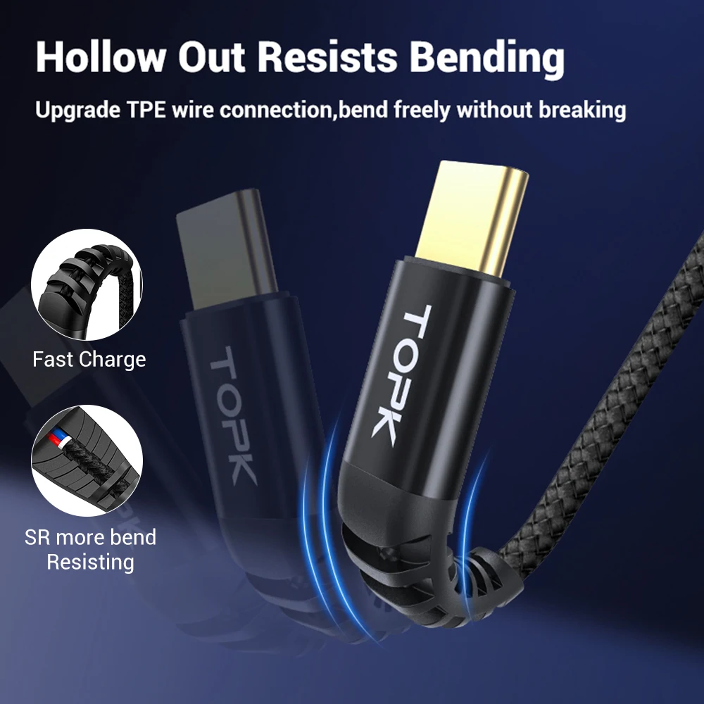 TOPK 60 Вт USB Type C к кабель для Samsung QC3.0 3A PD быстрой зарядки передачи данных Xiaomi