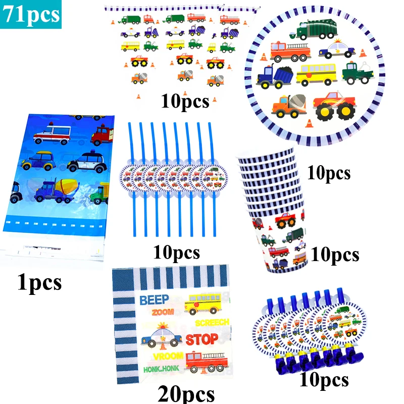 

71Pcs Car Birthday Party Supplies Cartoon Theme Kid's Favor Disposable Tableware Cups Straws Napkins Banners Blowouts Tablecloth