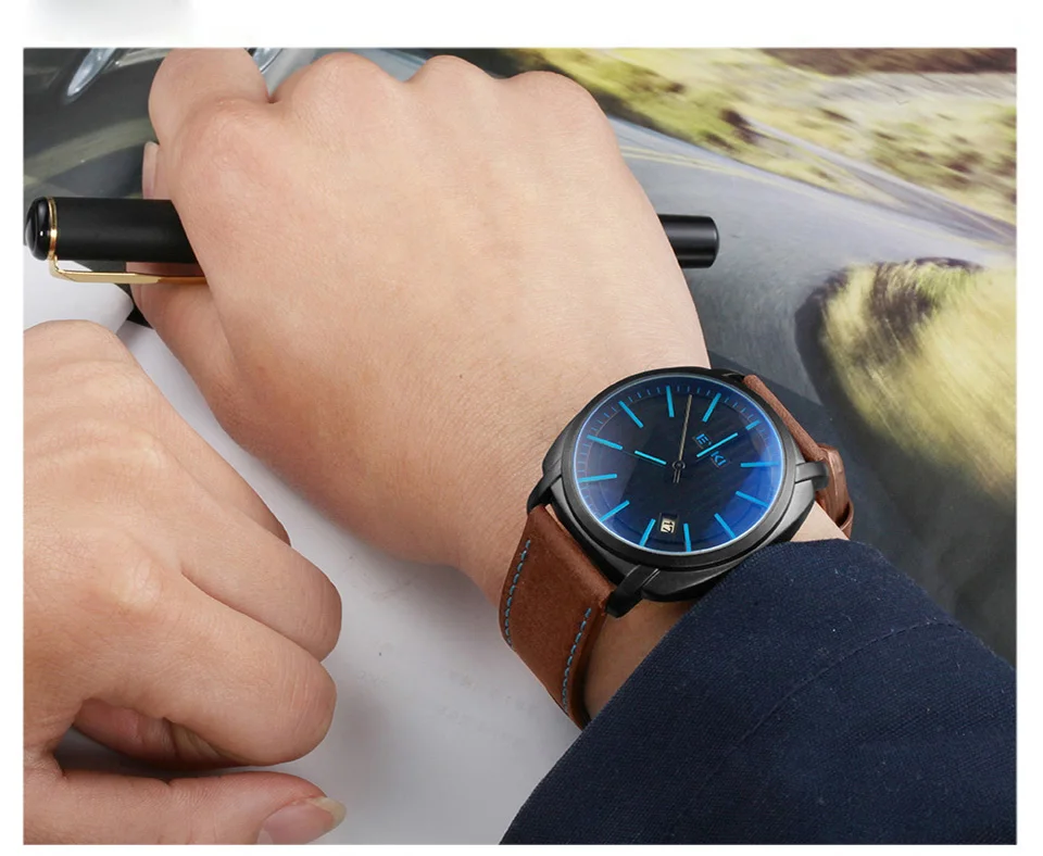 

EYKI Brand Men Genuine Leather Quartz Watches Blue Glass Mirror Army Military Business Watch Calendar Reloj Hombre Montres homme