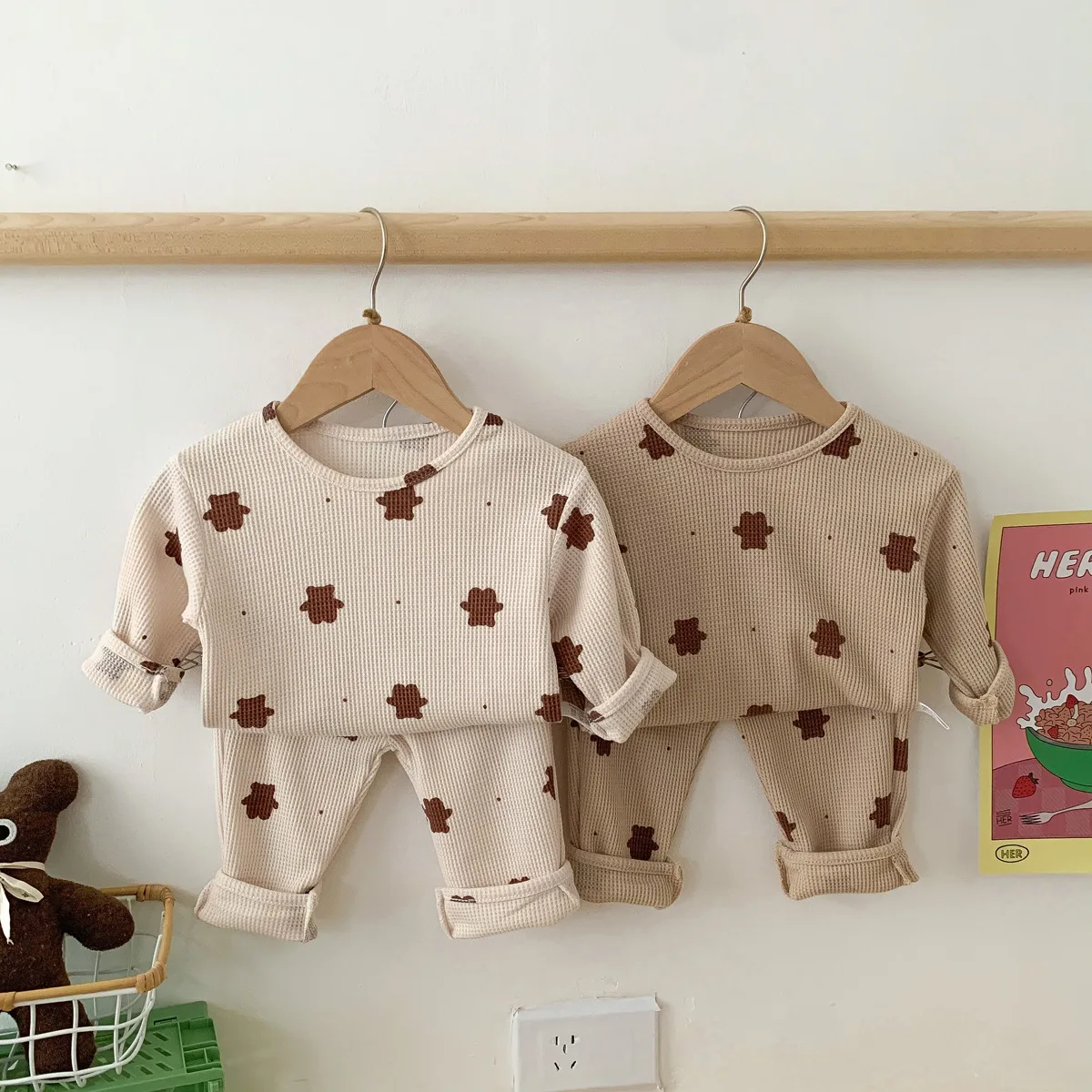 

Ecavus New Baby Clothes Set Long Sleeve Tops + Pants Cute Bear Print Children 2pcs Suit Waffle Cotton Kids Casual Clothes Set