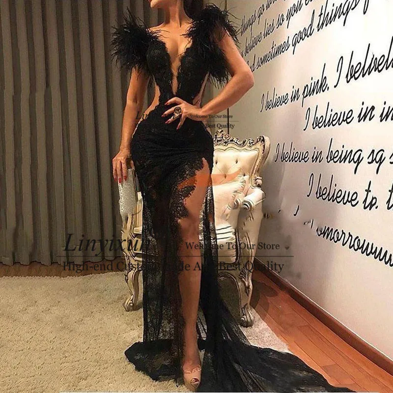 

Lace Black Prom Dresses High Side Split Evening Gowns 2021 Sexy V Neck Feather Long Formal Evening Party Dress Women