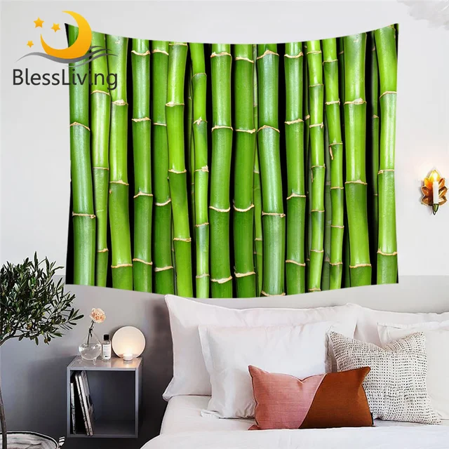 BlessLiving Bamboo Tapestry Green Vitality Wall Carpet for Living Room 3D Print Wall Hanging Plant Nature Inspired Bedspreads 1