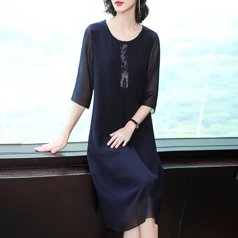 

COIGARSAM 4XL Plus Size Three Quarter Sleeve Women dress New Summer Loose Solid O-Neck Silk Dresses Navy 9123