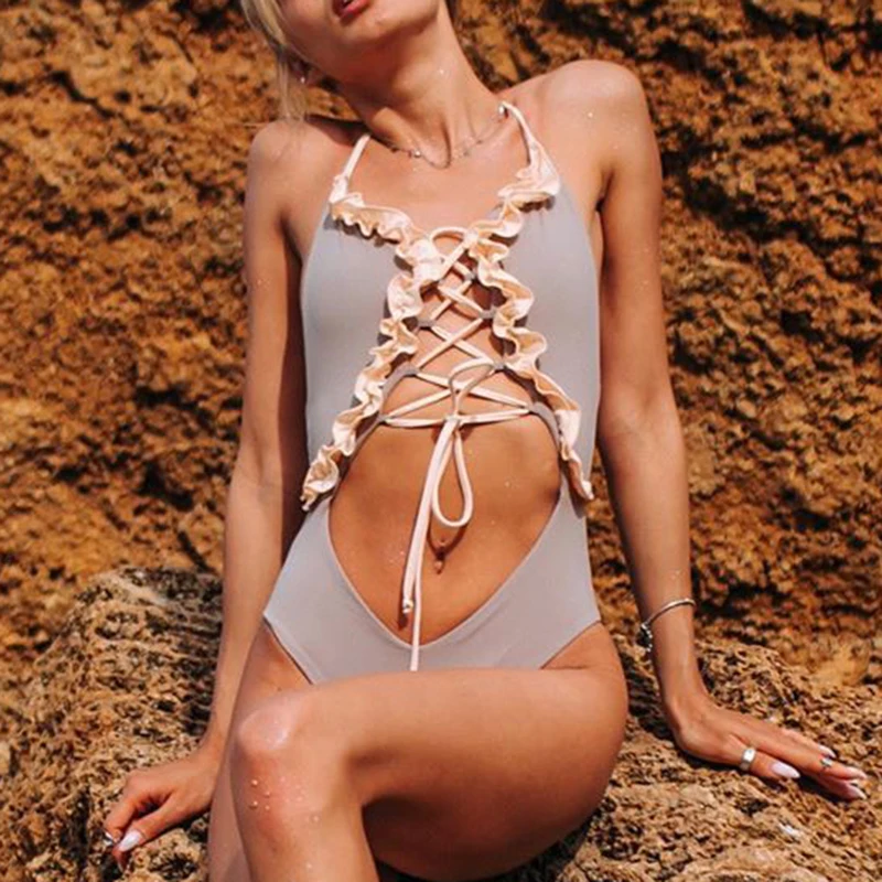 Серый сдельный купальник бандаж женский открытый сексуальный 2020 гофрированный