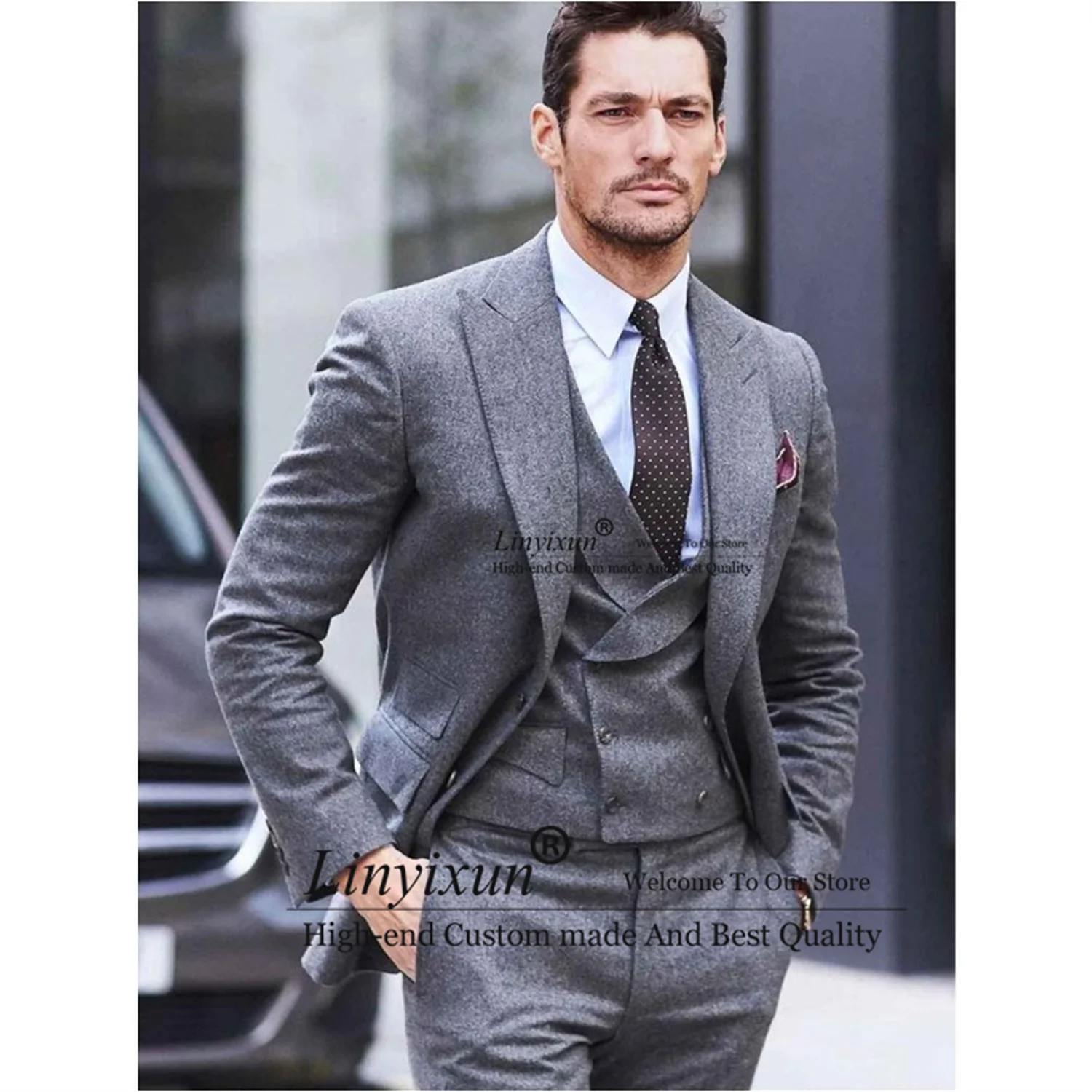 

Grey Winter Wool Men Suits 3 Pieces Groom Wedding Tuxedos 2022 Peaked Lapel Formal Business Male Working Blazer Coustume Homme