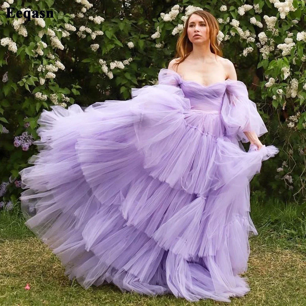 Eeqasn Lavender Long Puffy Sleeves Prom Dresses Off The Shoulder Tiered Skirt Evening Gowns Lace Up Women Formal Dress 2022