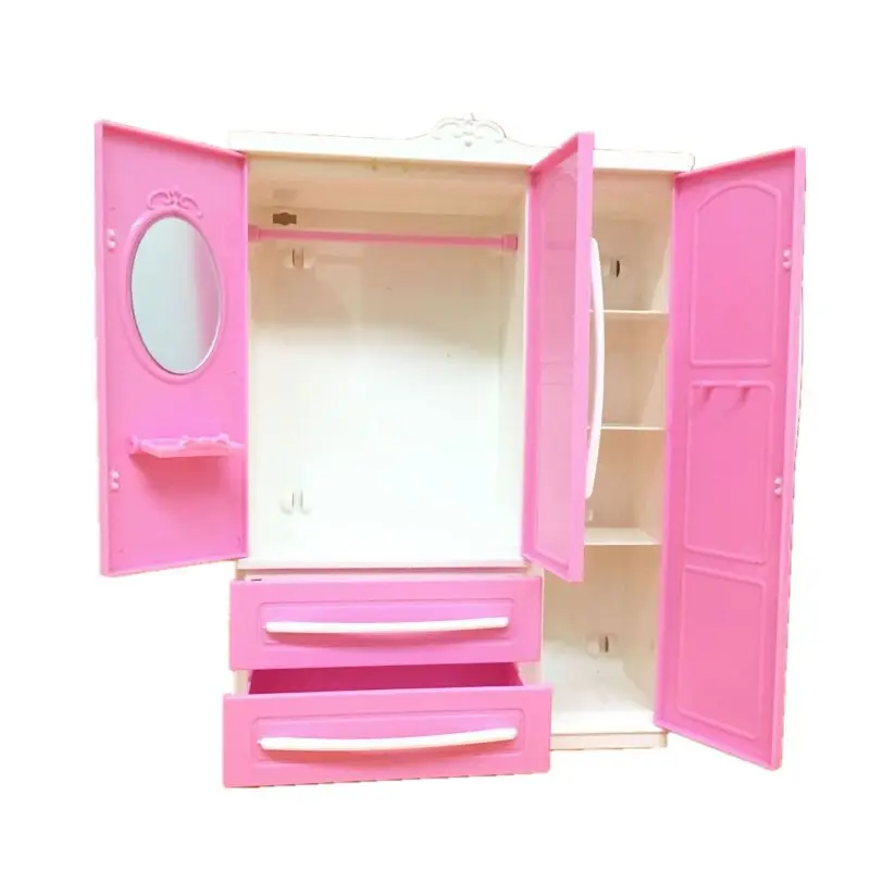 

Three-door Pink Modern Wardrobe Play set for Barbi Furniture Can Put Shoes Clothes Accessories with Dressing Mirror Girls Toys