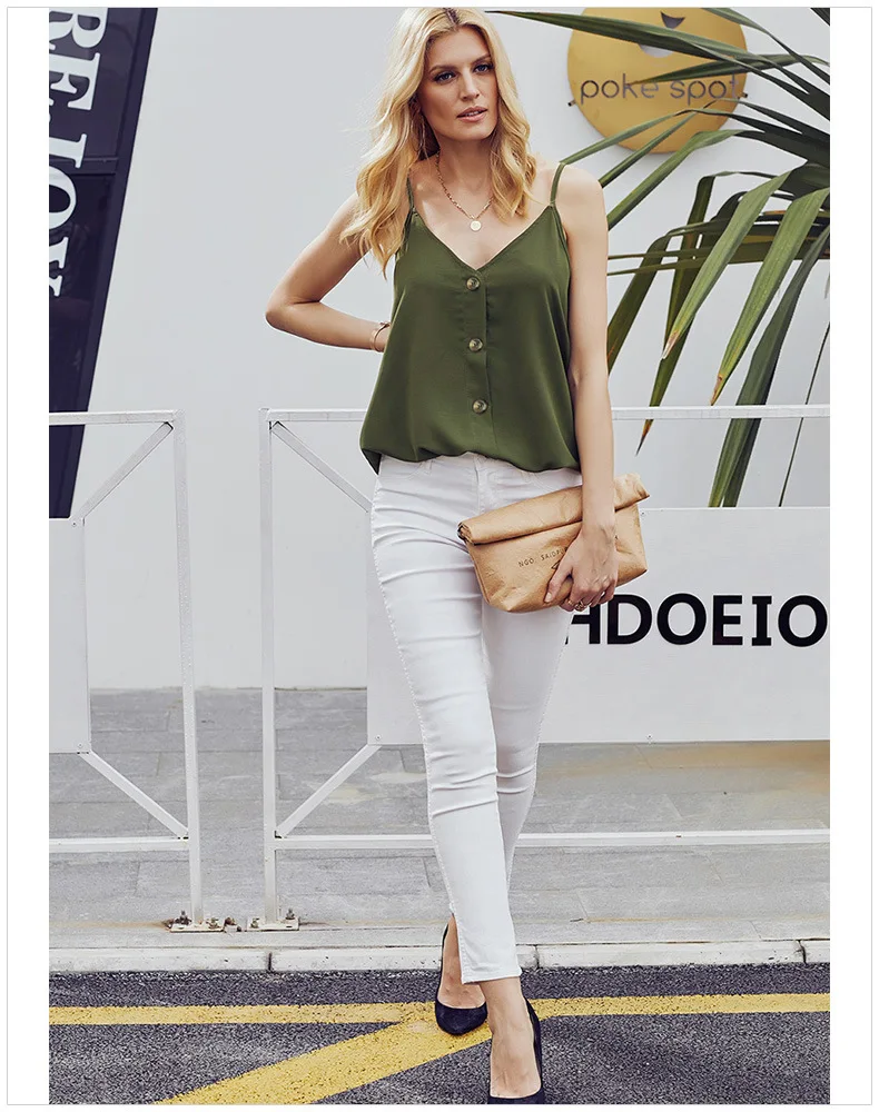 

CAWA Summer Vest Style Women Fashion V-Neck Single Breasted Sleeveless Backless plain Solid Color Tank Top With Narrow Straps