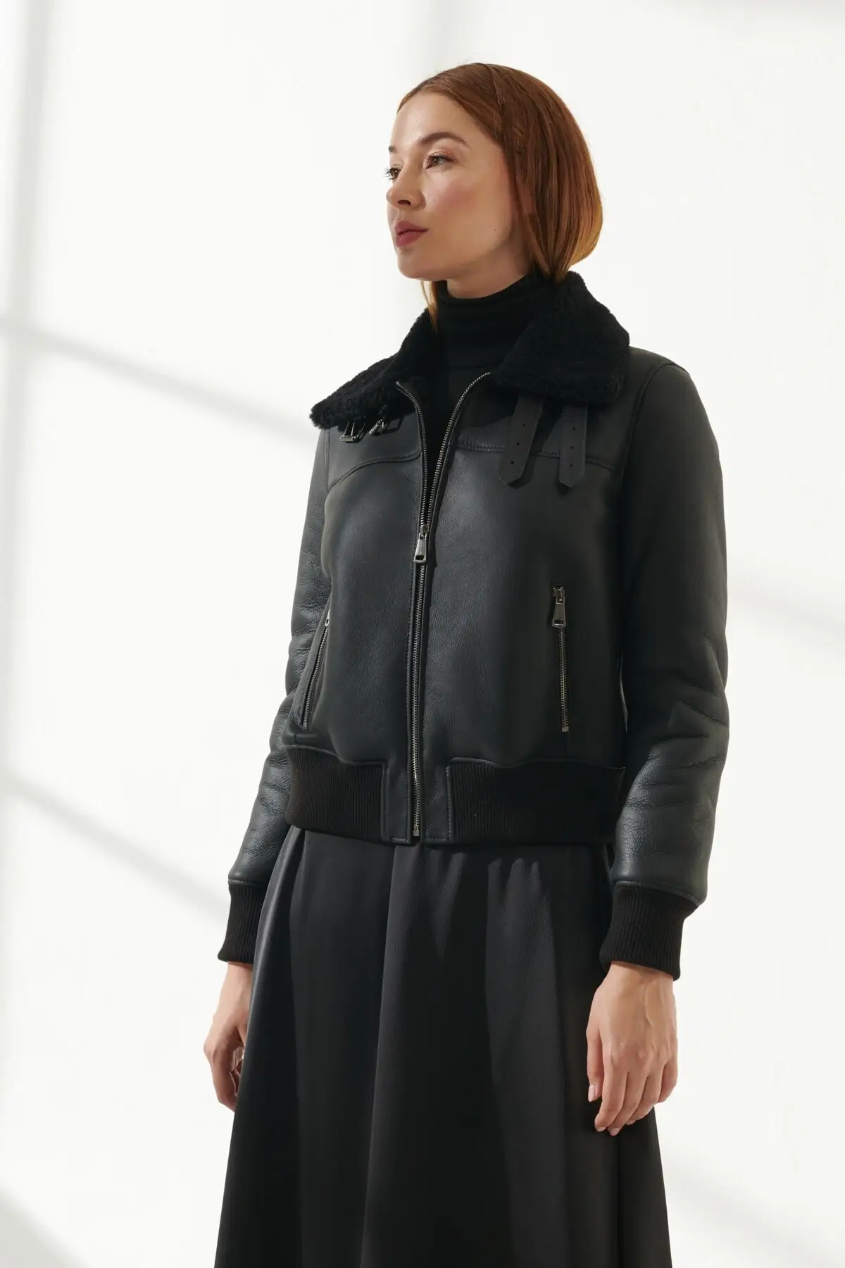 Women's Sports Black Leather Jacket with Fur black Winter Genuine Sheepskin Wool Coats Biker Jacket Models Slim Fit Parka