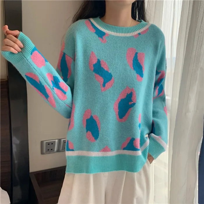 Трикотажная леопардовая свободная зимняя одежда женские пуловеры модный бренд