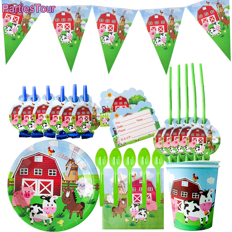 

Farm Birthday Party Supplies Disposable tableware with Paper Plates Cups Napkins Tablecloth Banner Farm Animal Birthday Decors