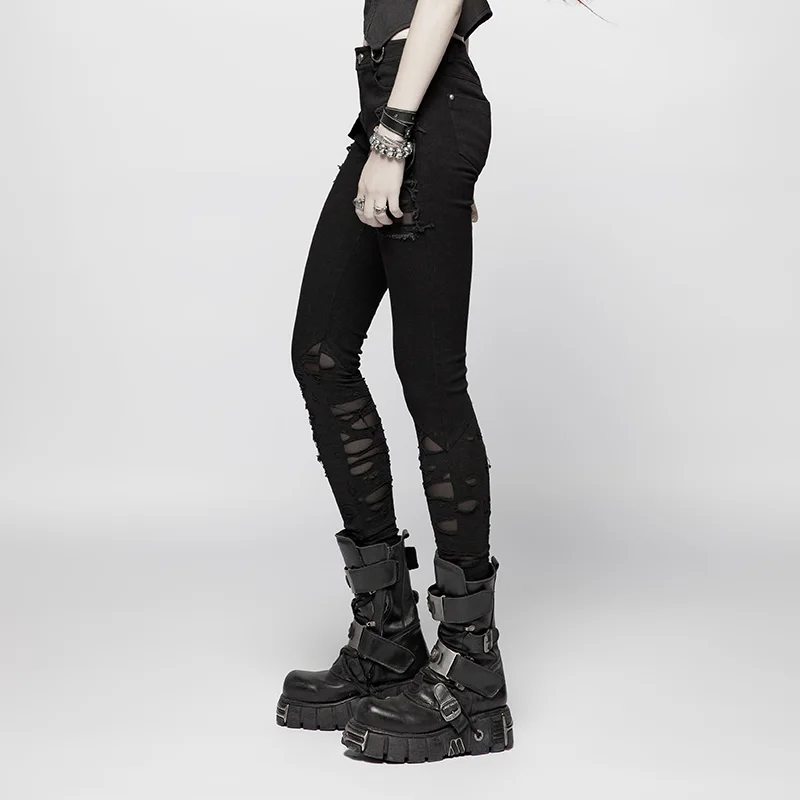 Punk Women Trousers Black Long Pants Holes Patchwork Pencil Pants Fashion Women Clothes