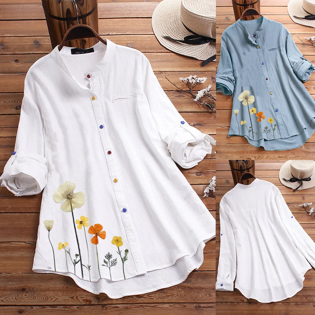 Womens Tops And Blouses Plus Size Vintage Casual Shirts Flower Print Colorful Clothing Button Long Sleeve Blouse For Lady Camisa |