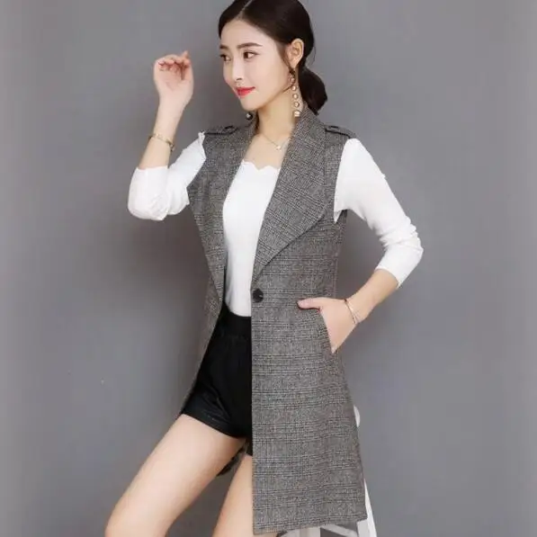 Spring Long Blazer Vest Women Office Slim Single Button Plaid Suit Harajuku Vintage Waistcoat Sleeveless Jacket DV514 | Женская одежда
