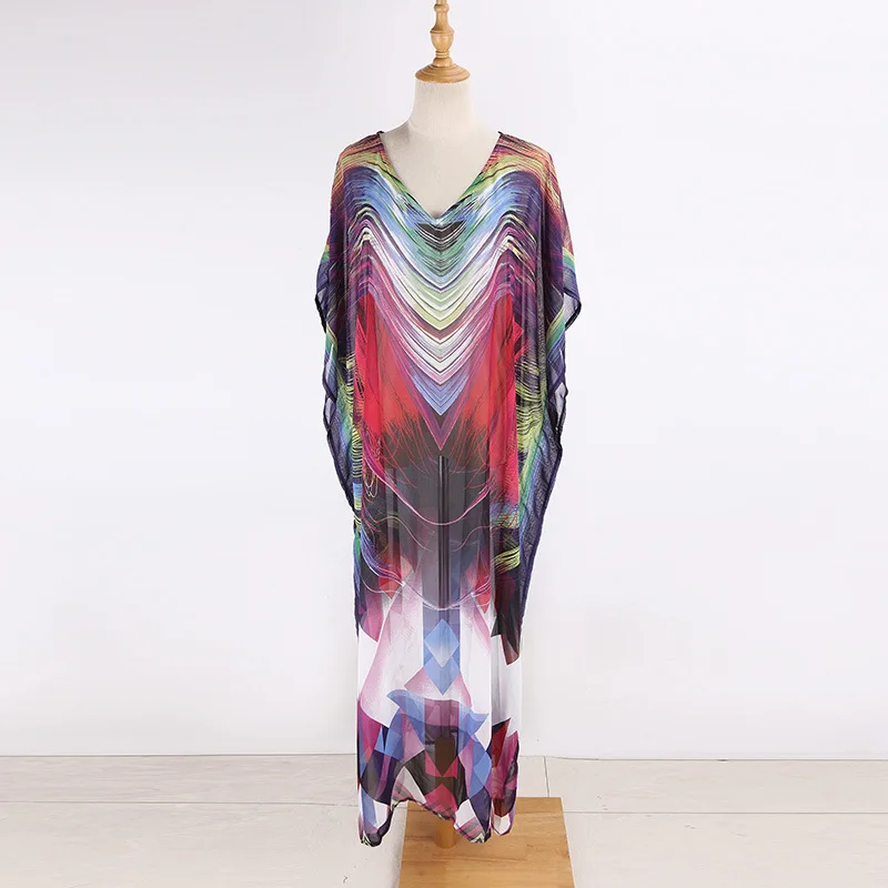 Женское пляжное шифоновое платье кафтан большого размера с накидкой на бикини