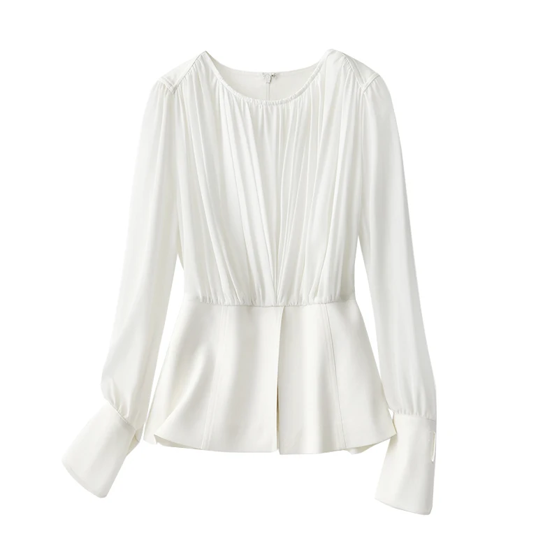 

SHUCHAN WHITE Blusas Mujer Women Tops Office Lady Solid O-Neck Blouse Women 2021 Long Sleeve Blouse Women spring