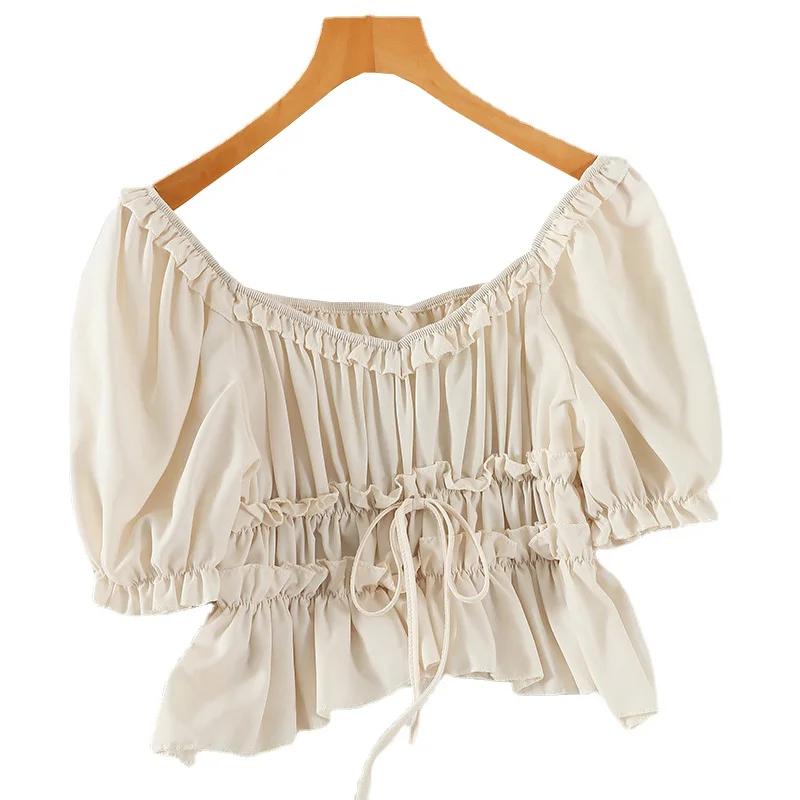 

FMFSSOM 2021 Summer Black Tank Tops Women Casual Ruffles Short Sleeve Square Neck Sexy High Weart Y2k Top