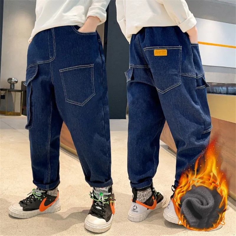 

Jeans for Boys Winter Fleece Thicken Blue Jeans Fashion All-match Children's Cargo Pants Pocket Design Teenagers Kids Trousers