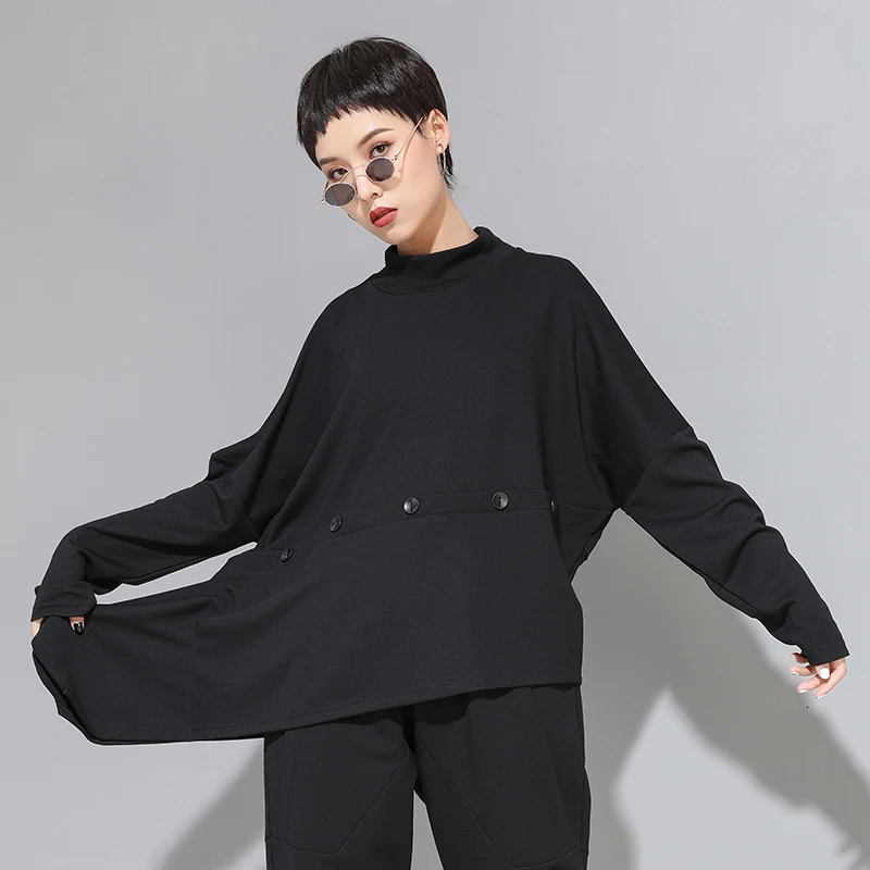 [EAM] Женская Черная Асимметричная футболка большого размера с пуговицами новая