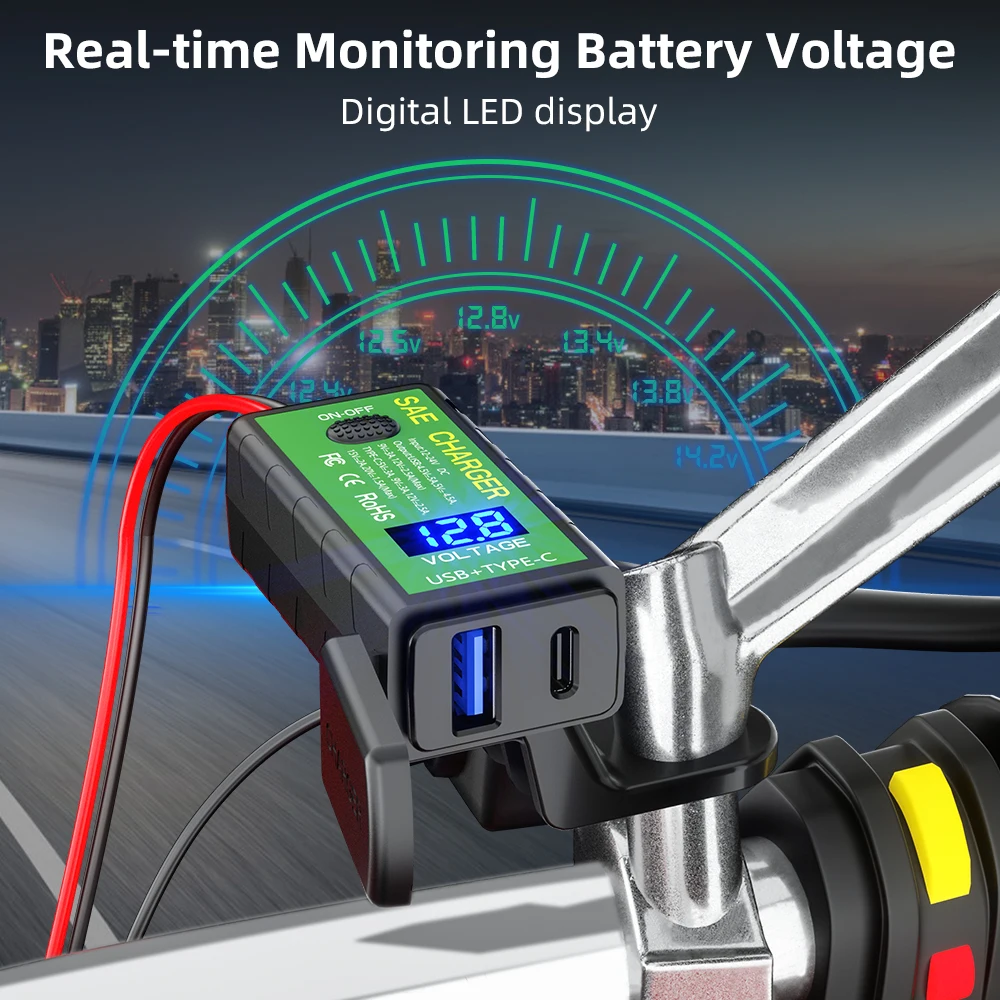 

Motorbike Waterproof Motorcycle USB Charger With Ammeter And Voltmeter For Moto Motor Sae Socket Type C Port PD Charging