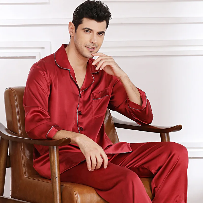 M8808 New Fashion Men's Spring and Summer 100% Silk Long Sleeve Two-piece Home Clothes PAJAMA Suit