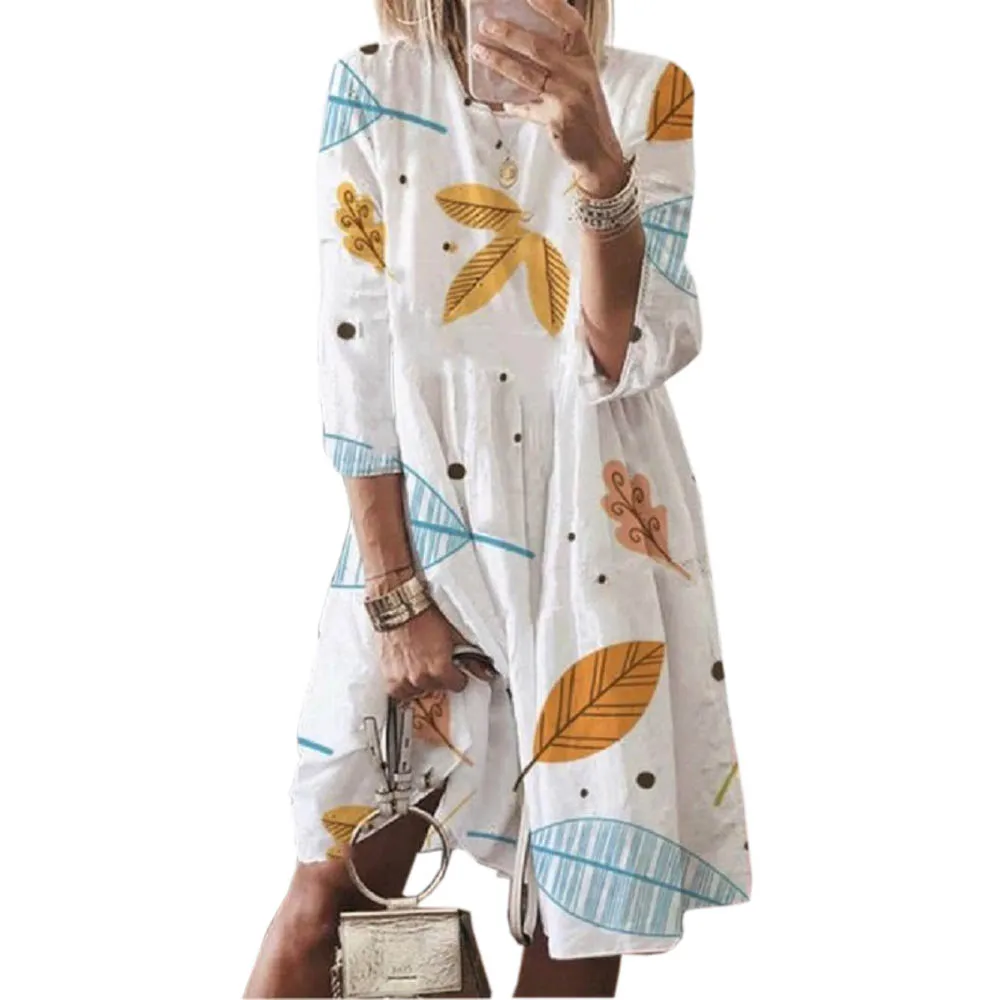 Женское свободное платье с принтом листьев вечерние платья длинными рукавами и