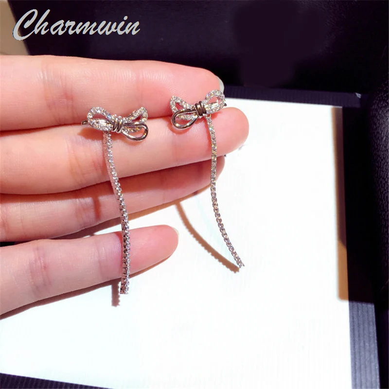 

New Korean Dangle Earrings Long Earrings Super Flashing Rhinestone Bowknot Tassel Earrings For Women