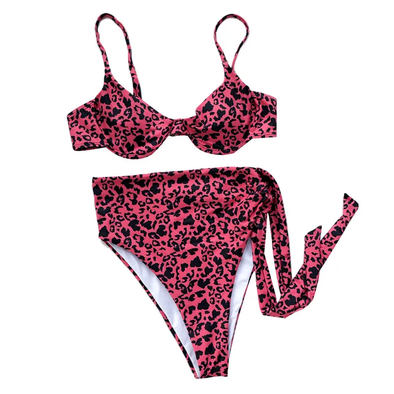 

Women Fashion Leopard Bikini Set Sexy V-neck Backless Top +high Waist Bandage Triangle Thong Two Piece Swimsuit Summer Beachwear