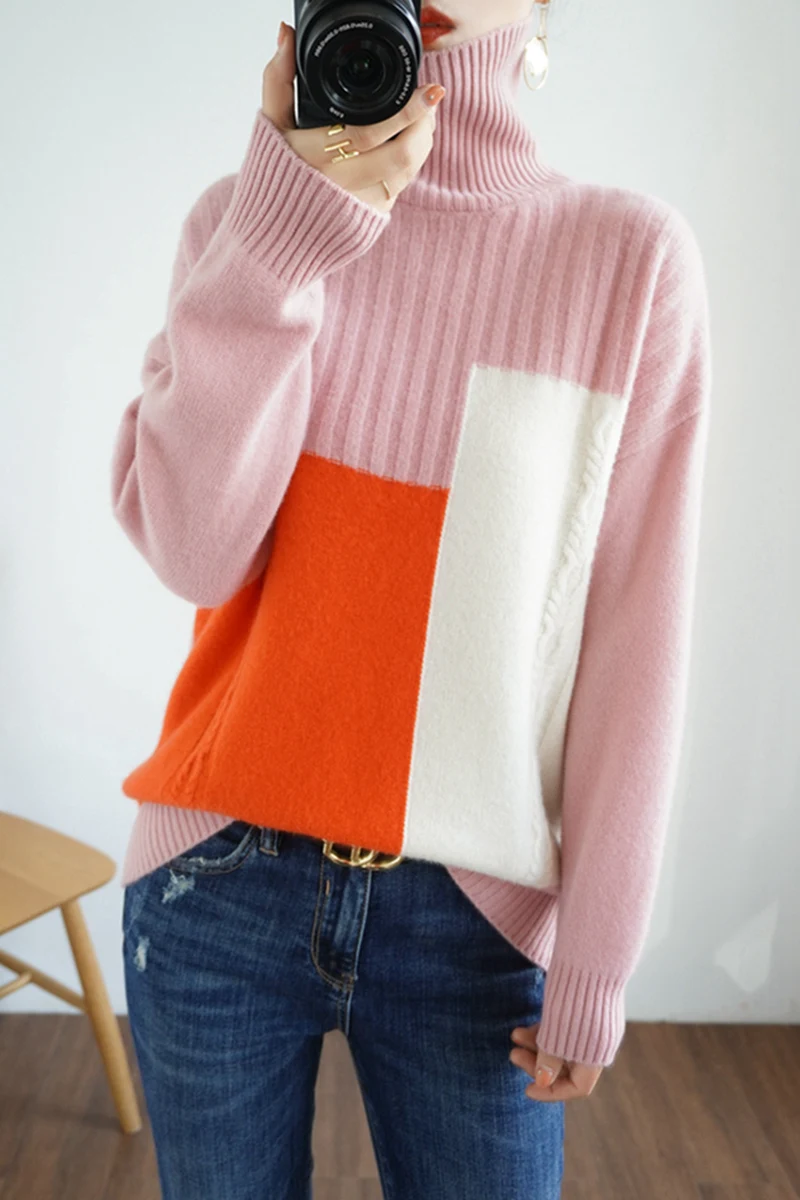 

KOIJINSKY 2021 pure wool autumn and winter top women's high collar color matching sweater knitted sweater