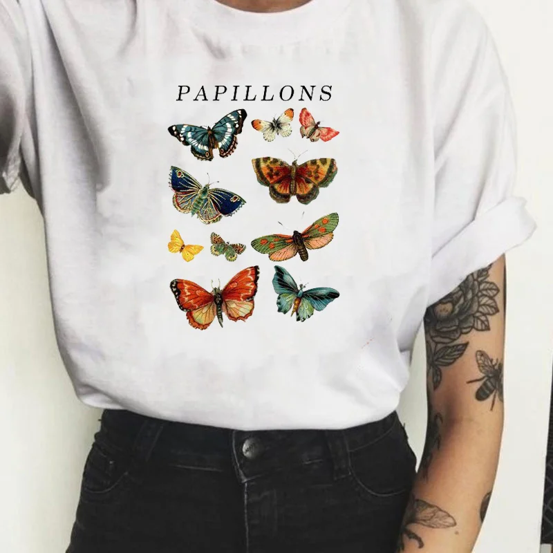 PAPILLONS бабочки Графический Футболка 100% хлопок Harajuku с круглым вырезом Женская
