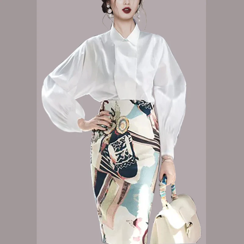 

JSXDHK Fashion Autumn Office OL Two Piece Set Elegant Women Lantern Sleeve White Shirt + High Waist Printed Pencil Skirt Suits