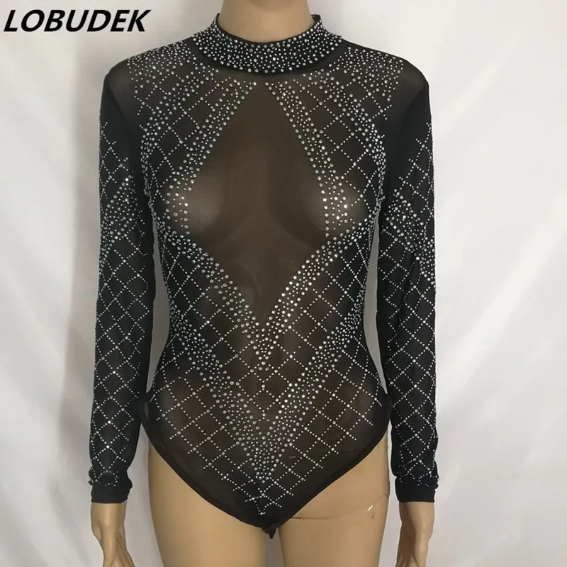 Черное прозрачное Сетчатое боди с серебряными кристаллами длинным рукавом
