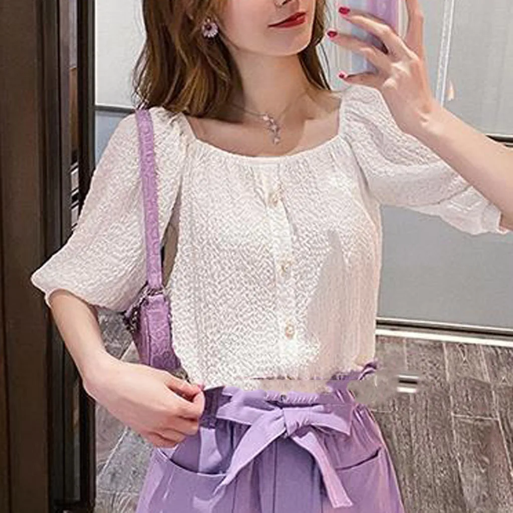 Женские летние футболки модные однотонные с пышными короткими рукавами и