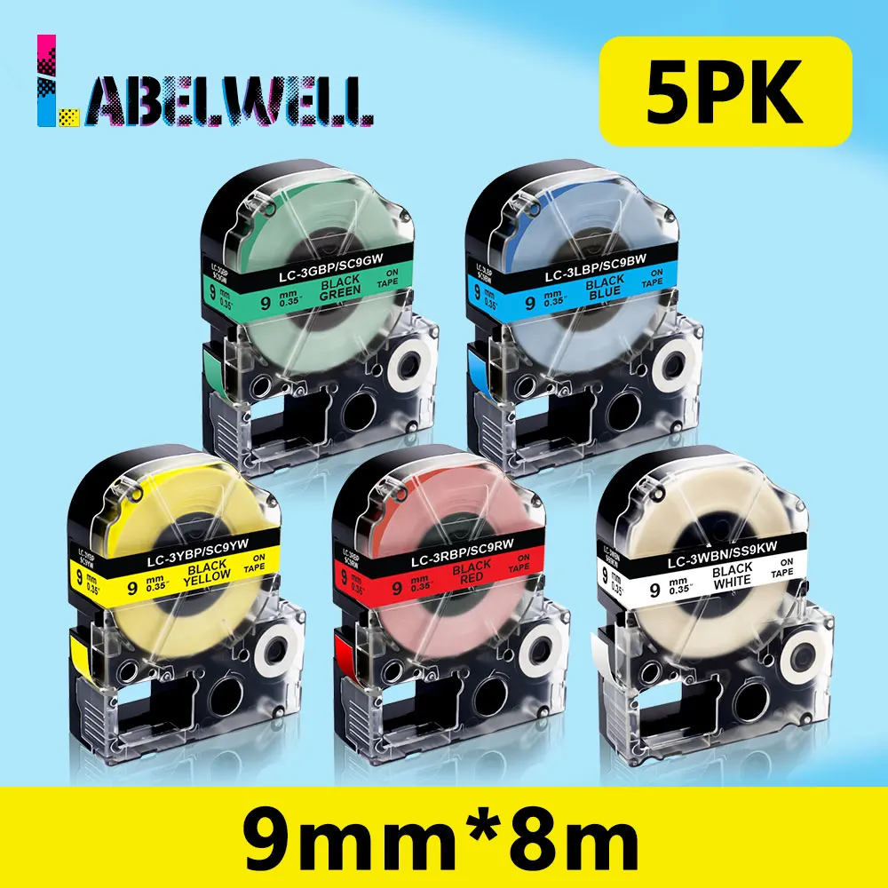 

Labelwell 5 шт. 9 мм этикетки для Epson SS9KW SC9YW SC9RW SC9BW SC9GW совместимый для Epson Kingjim LW-300 LW-400 LW-700 этикетировщик